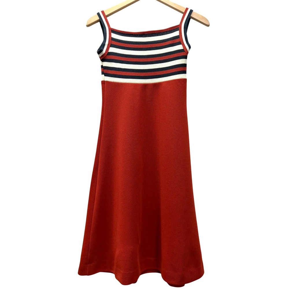 Vintage 60s 70s Red Striped Knit A-Line Dress Mod Go-Go Sleeveless Small